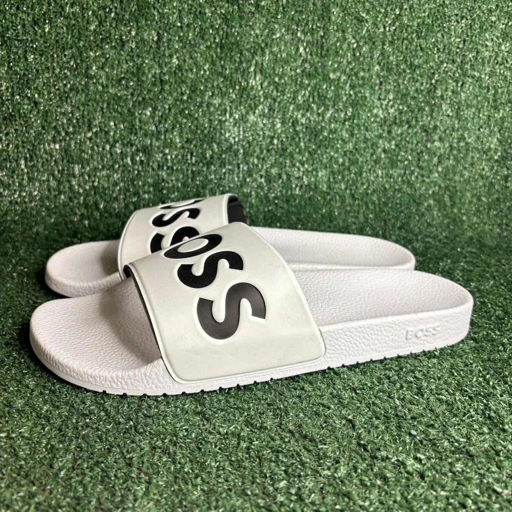 NEW‎ HUGO BOSS Aryeh Logo Pool Slides Beach Sandals White Black Mens Size 12